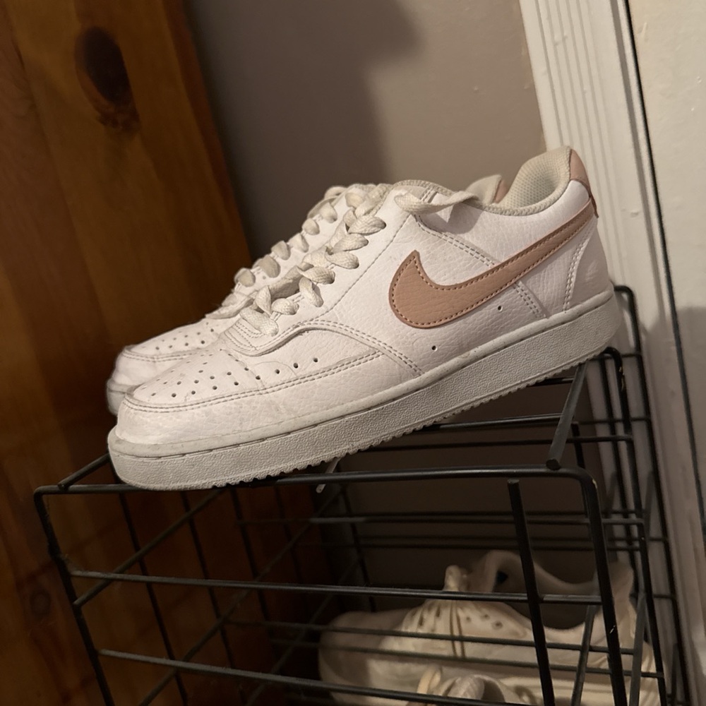 Nike White and Light Pink Court Sneakers